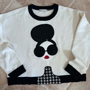 Alice & Olivia Gleeson Stace Face Applique Embellishments Crewneck Sweater Med
